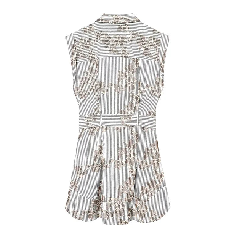 YENKYE 2026 Women Embroidery Striped Short Dress Sleeveless Front Button With Belt Shirt Dresses Office Casual Summer Vestidos