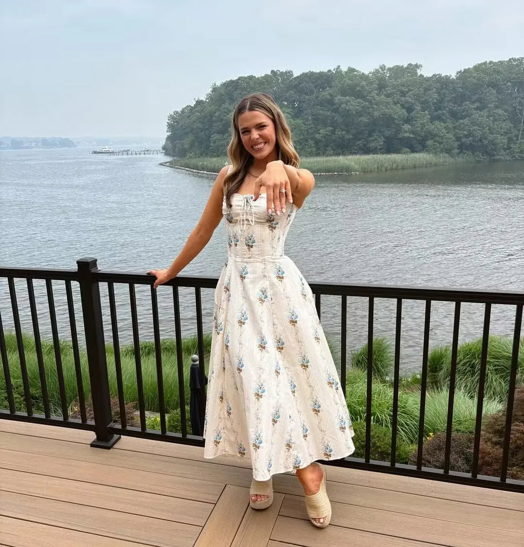 YENKYE New Fashion Women A-line Midi Elegant Party Dresses Sexy Wide Straps Lace Spliced Holiday Summer Floral Print Dress 2025