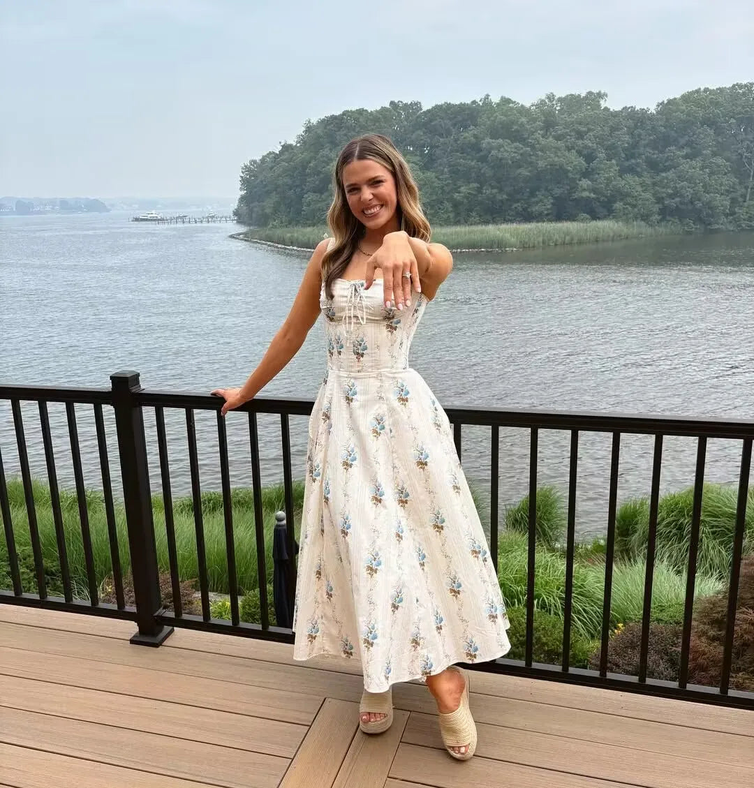 YENKYE New Fashion Women A-line Midi Elegant Party Dresses Sexy Wide Straps Lace Spliced Holiday Summer Floral Print Dress 2025