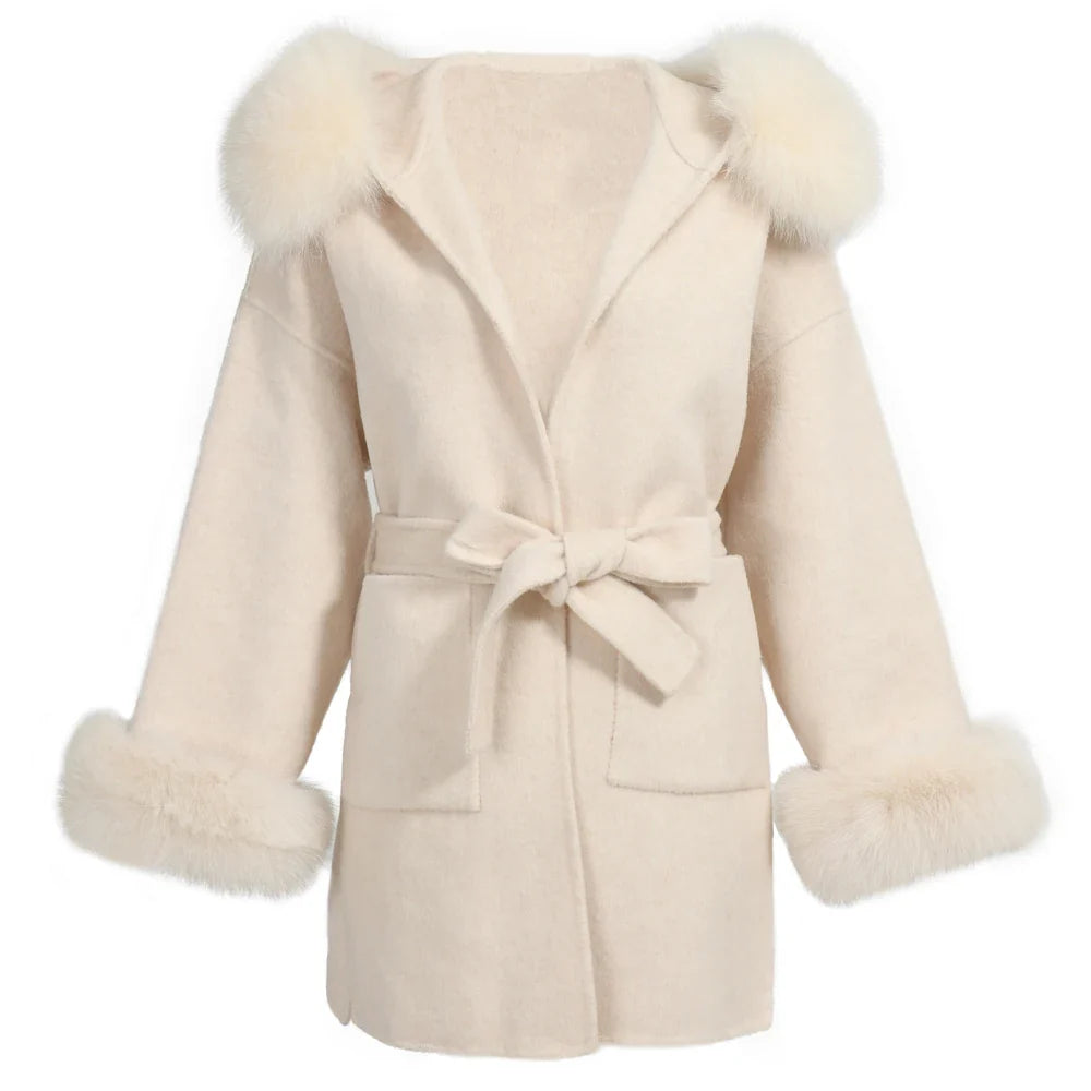 Jaxmonoy Women's Wool & Blends Coat With Real Fox Fur Ladies Autumn Winter Fashion Warm Loose Jacket with Hooded New in Outwear