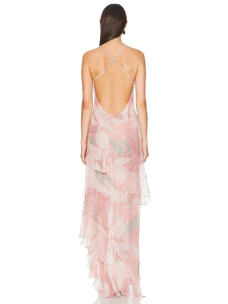 Summer Sexy Spaghetti Strap Printed Ruffles Long Dress Women Pink Sleeveless Backless Flower Dresses Holiday Party Sundress