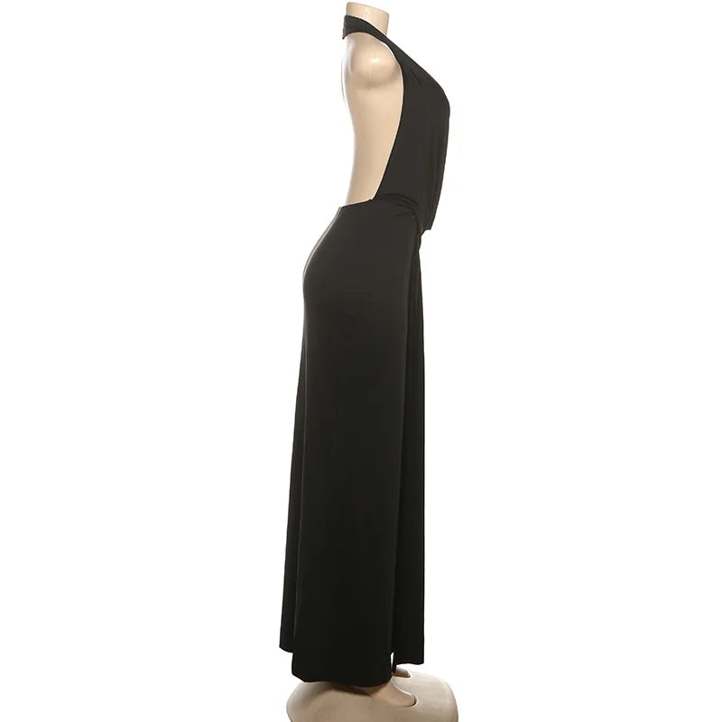 Cryptographic Elegant Halter Draped Ruched Maxi Dress for Women Party Club Outfits Sexy Backless Deep V Neck Split Dresses Gown