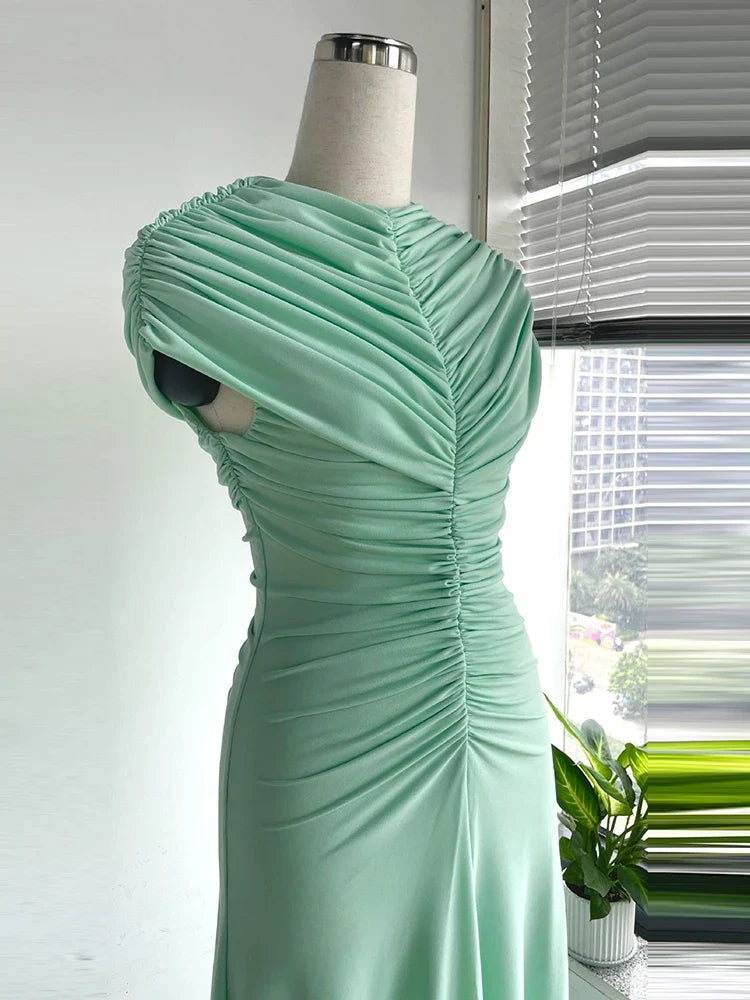 New Sexy O Neck Folds A-line Long Dress Women Short Sleeves Ruched Draped Dresses Elegant Evening Party Gowns