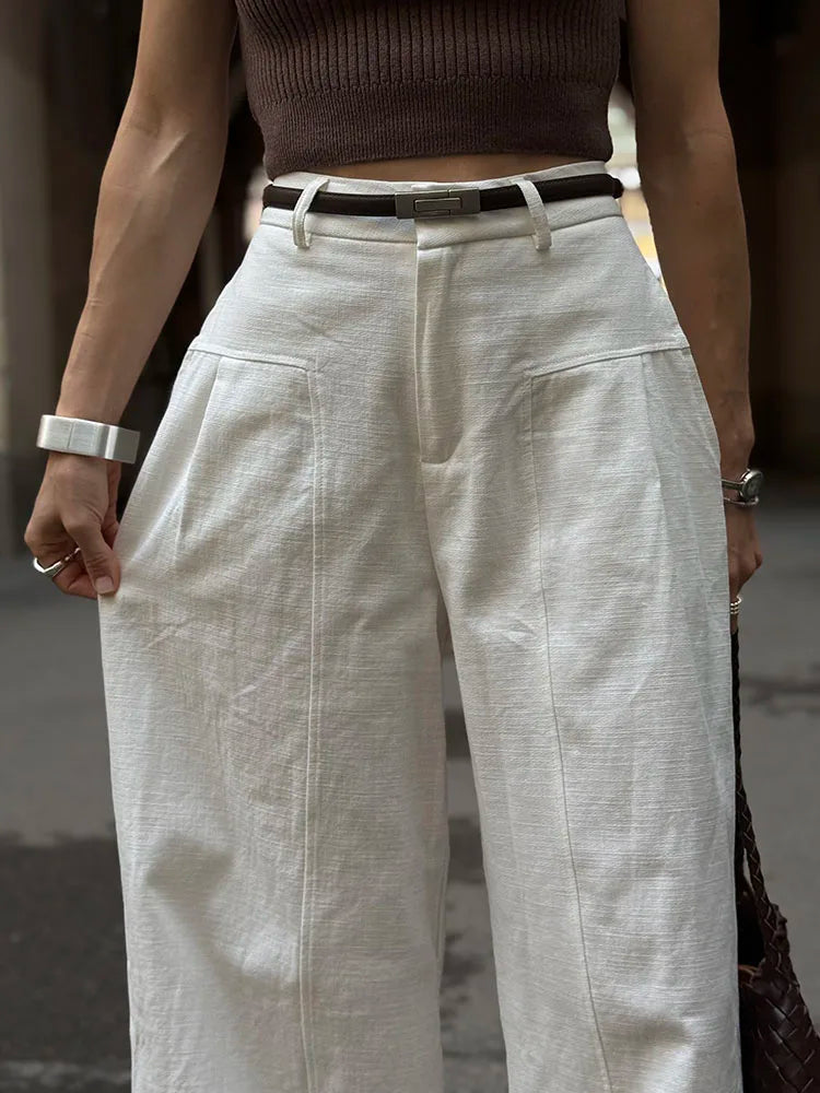 White Cotton Linen Pants Women Wide Leg Formal Trousers Summer Straight Leg Suit Pants High Waist Ladies Formal Pants Loose