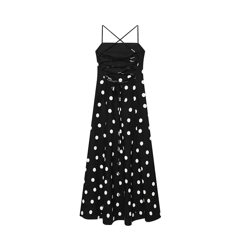 YENKYE 2026 Summer Polka Dot Maxi Dress Women Bandage Back Spaghetti Strap A Line Backless Sundress For Beach Vacation