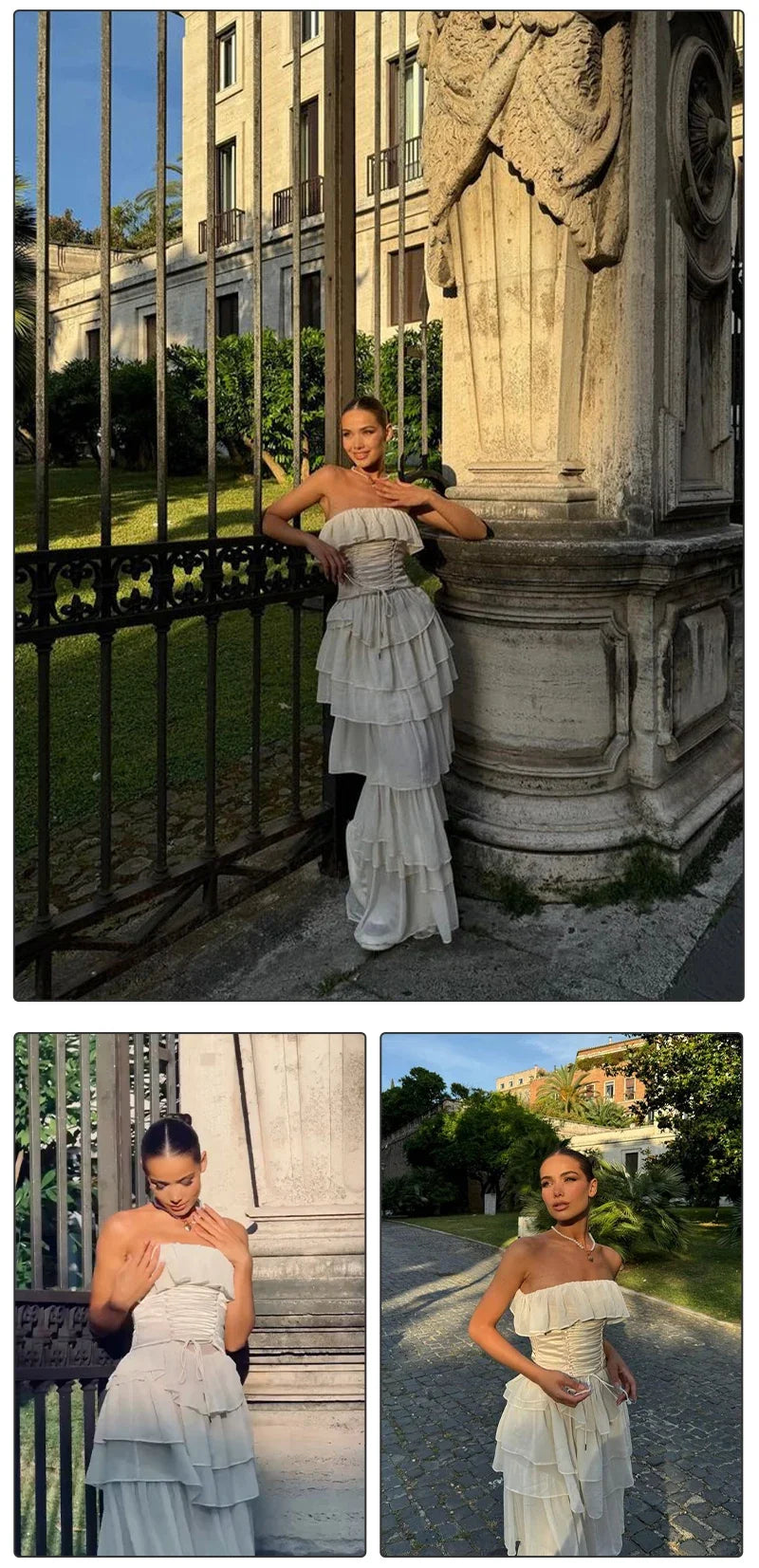 VC Sets For Women 2 Pieces Elegant And Pretty Lace-Up Corset And Slash Neck Long Cake Dress Set Chiffon Female Clothing