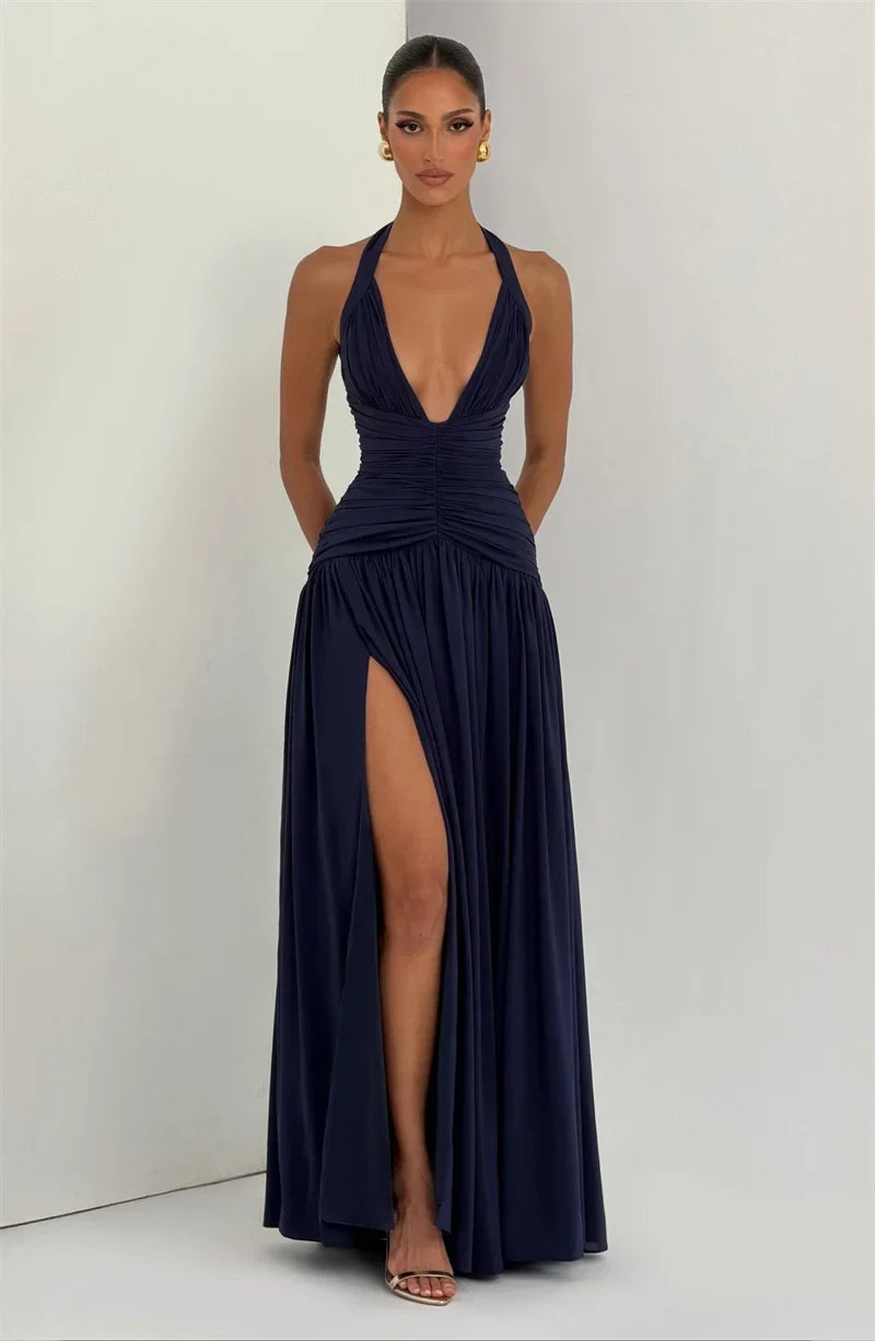 Mozision Halter Deep V Neck Sexy Maxi Dress Women Elegant Off-shoulder Sleeveless High Split Pleated Club Party Long Dress