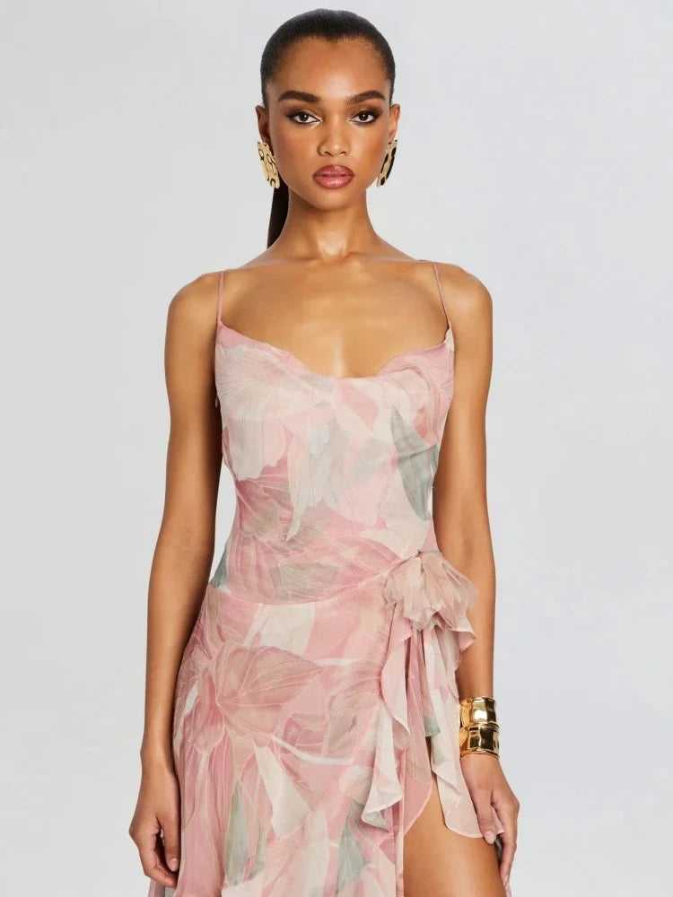 Summer Sexy Spaghetti Strap Printed Ruffles Long Dress Women Pink Sleeveless Backless Flower Dresses Holiday Party Sundress