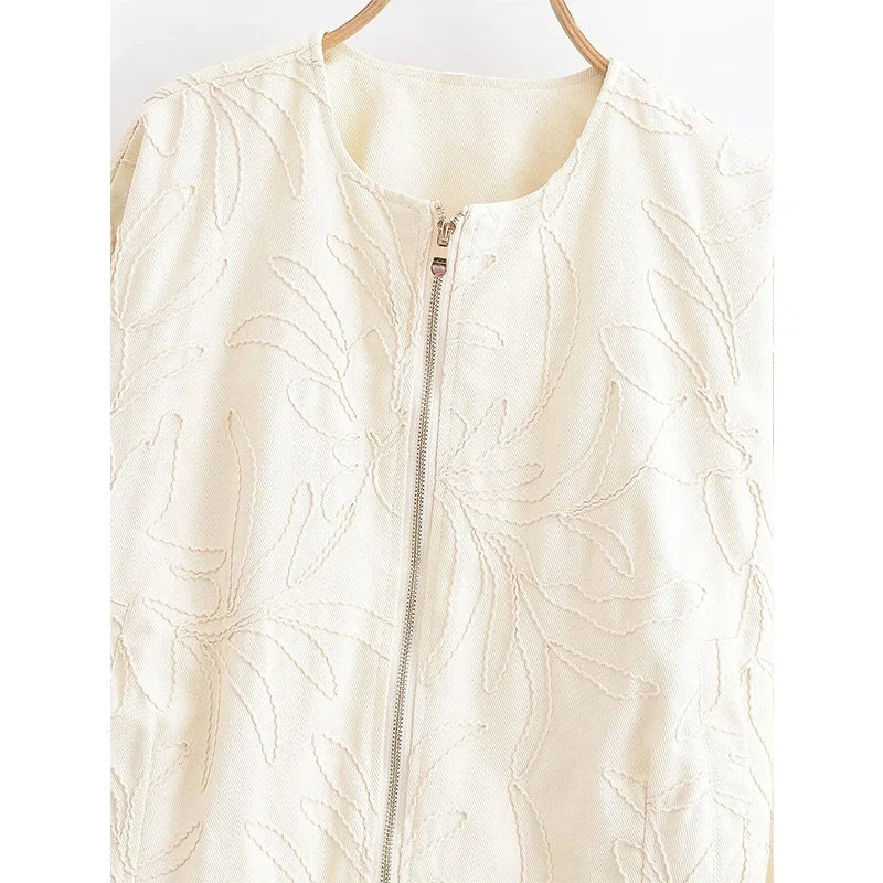 YENKYE 2025 Women O Neck Long Sleeve Embroidery Jacket Front Zipper Loose Crop Bomber Outerwear Lady Commuting Casual Outfits