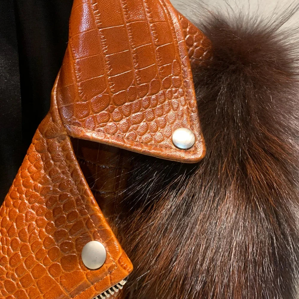 Women Leather Jacket Fur Sleeve Lady Jackets Leather Fur Fox Sleeve Ladies Biker Jacket Leather with Real Fur Sleeve 952-36