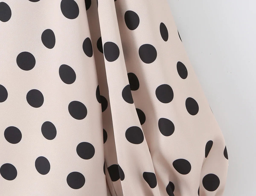 2026 New Women's Polka Dot 2 Piece Outfit V Neck With Scarf Blouse + High Waist Lace Trim Mermaid Maxi Skirt Elegant Vintage Set