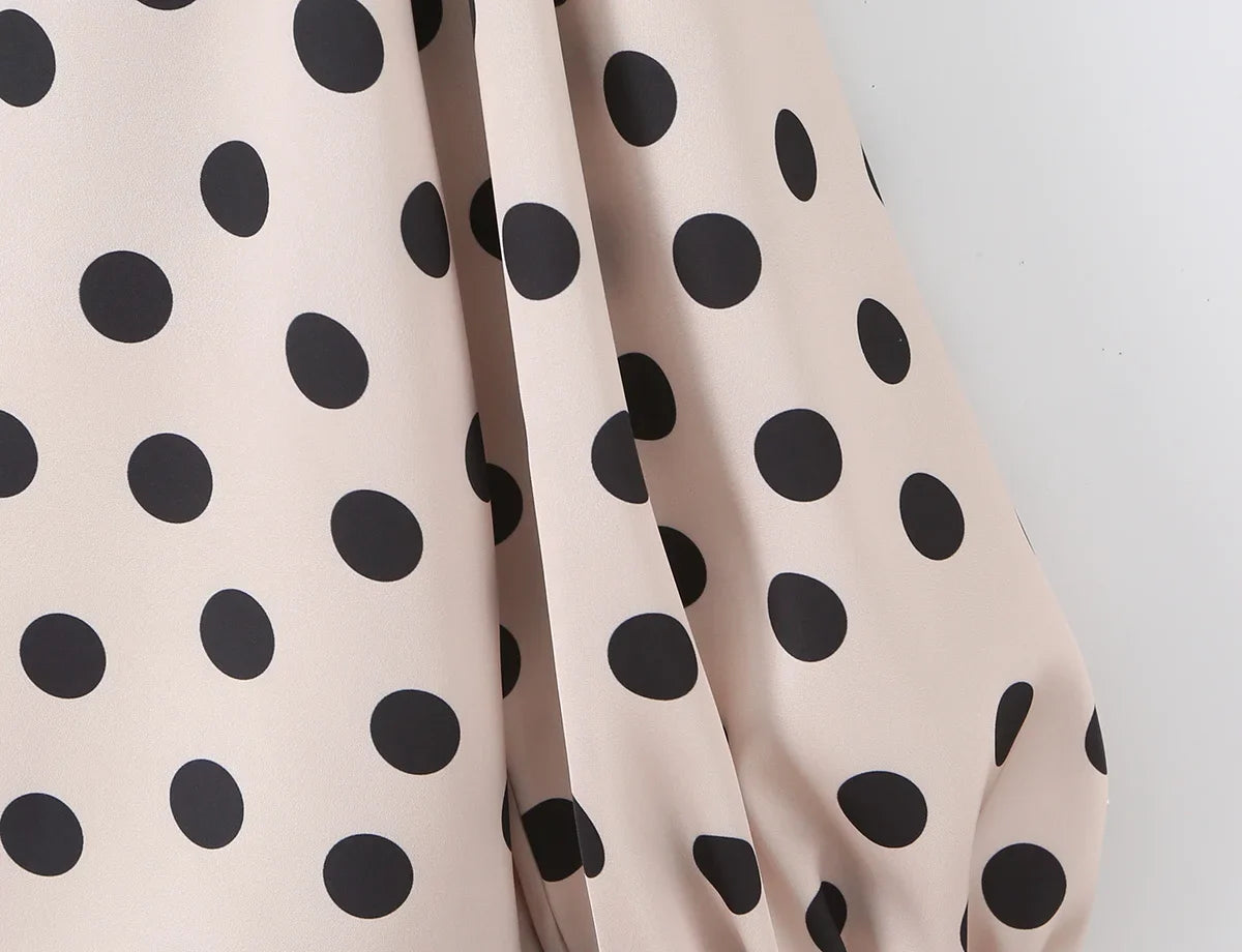 2026 New Women's Polka Dot 2 Piece Outfit V Neck With Scarf Blouse + High Waist Lace Trim Mermaid Maxi Skirt Elegant Vintage Set