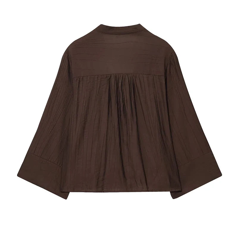 YENKYE Front Button V Neck Wide Sleeves Brown Shirt Women Casual Loose Autumn Blouse Blusas Mujer