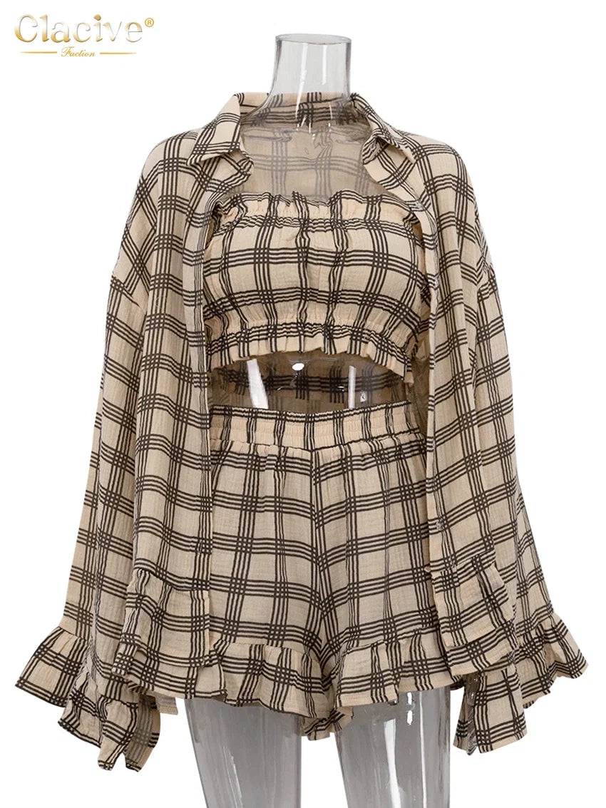 Clacive Fashion Loose Plaid Cotton Shorts Sets For Women 2 Piece Elegant Long Sleeve Shirt + Tube Top With High Waist Shorts Set