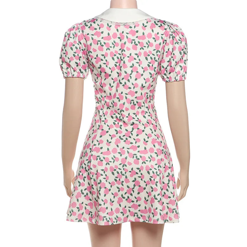 Tornova Flower Print Puff Sleeve Dress Women's Lapel Sexy Slim Mini French Dress Elegant Contrast Party Dress Female Fashion