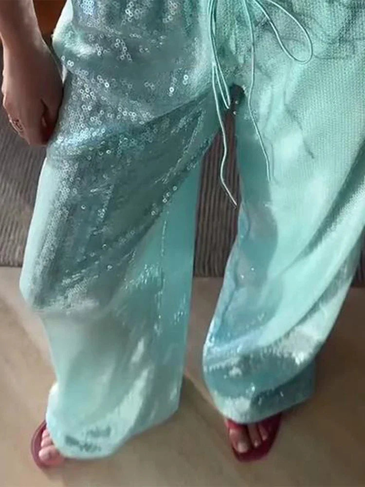 Elegant Sequined Women's Trouser Mid-Waist Lace Up Straight Mop Pants 2026 Summer Autumn Fashion Female All-Match Bottom