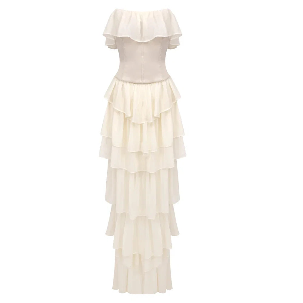 VC Sets For Women 2 Pieces Elegant And Pretty Lace-Up Corset And Slash Neck Long Cake Dress Set Chiffon Female Clothing