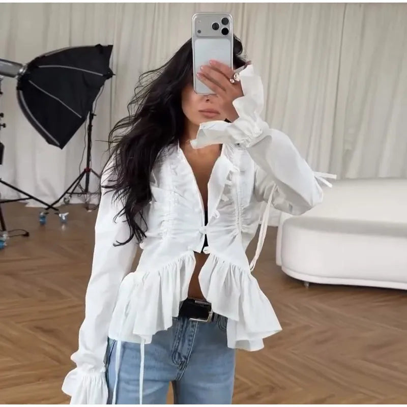 Fashion Street Ruffle Women's Blouse Solid Single Breasted Full Sleeve Pleated Cropped Shirt Lady New Casual Spring Clothing