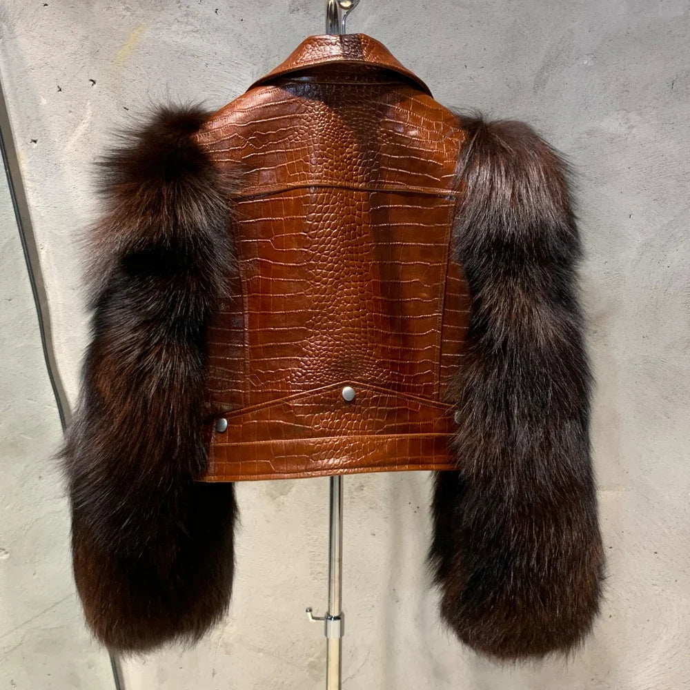 Women Leather Jacket Fur Sleeve Lady Jackets Leather Fur Fox Sleeve Ladies Biker Jacket Leather with Real Fur Sleeve 952-36