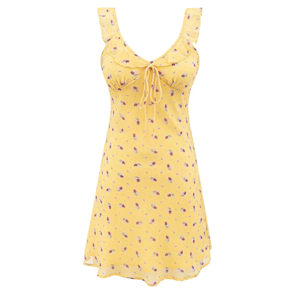 2026 Summer Women Yellow Floral Print V neck Ruffles Strap Sling Dress Slim Waist Side Zipper A-lined Short Tank Dresses Robe