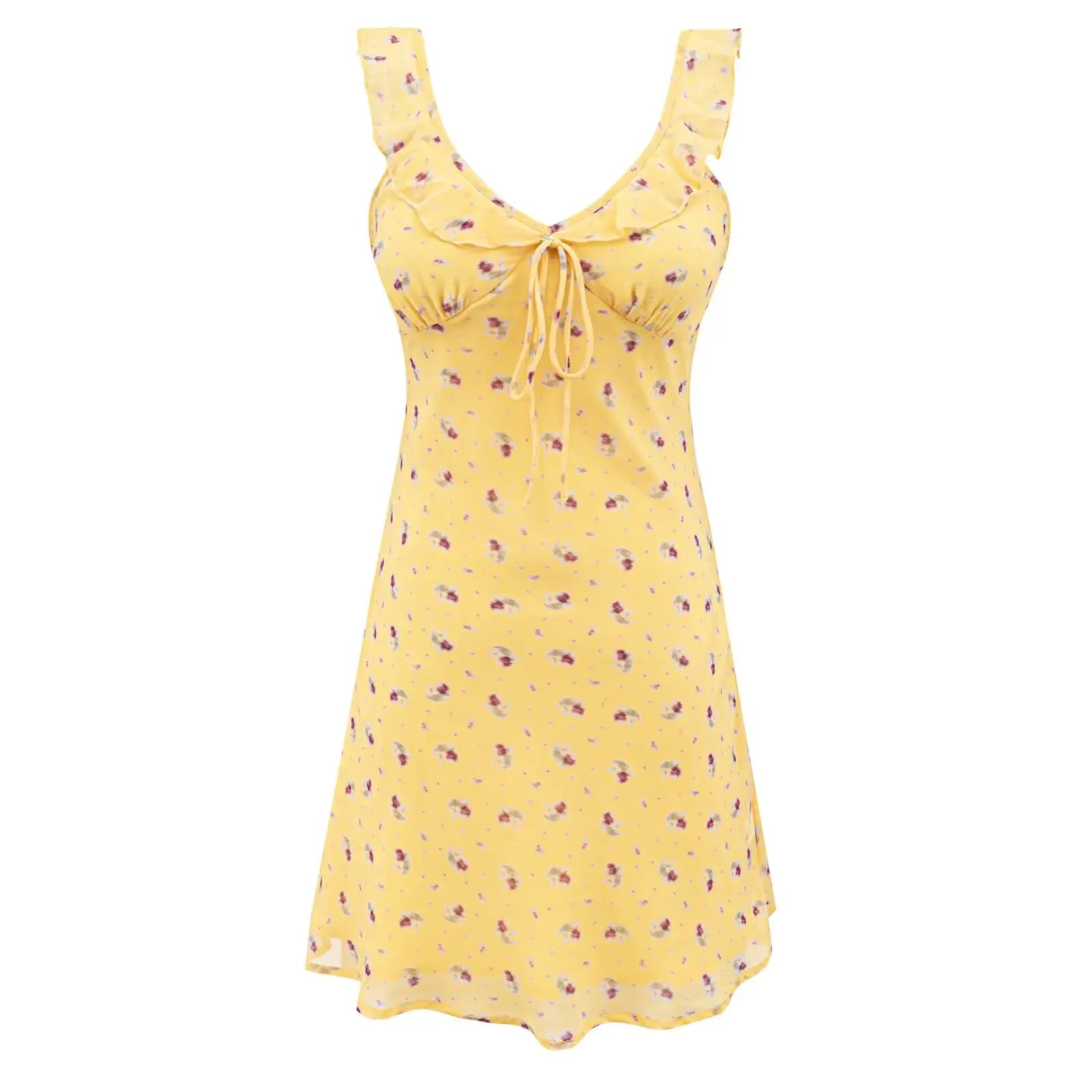 2026 Summer Women Yellow Floral Print V neck Ruffles Strap Sling Dress Slim Waist Side Zipper A-lined Short Tank Dresses Robe