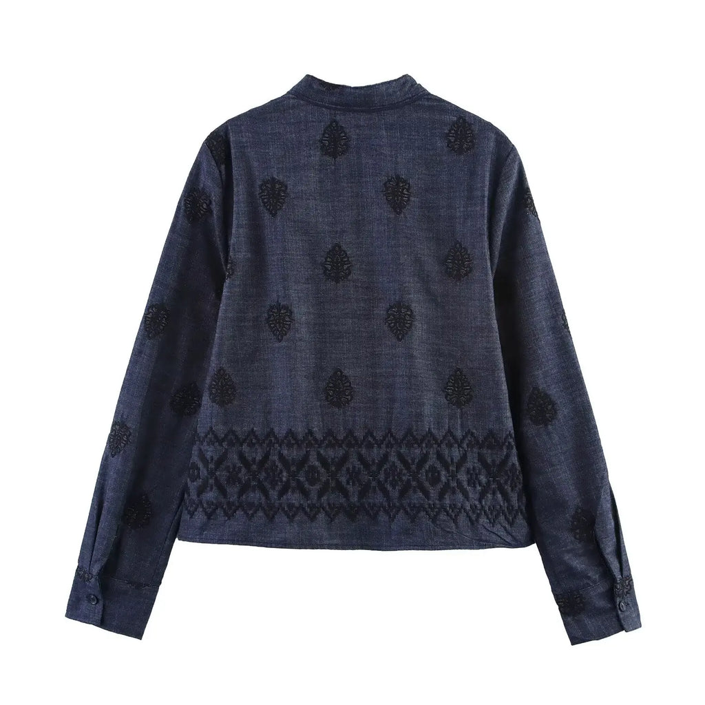 YENKYE Vintage Women Long Sleeve V Neck Embroidered  Blouse Spring Summer 2025 Streetwear Tops Blusas Mujer