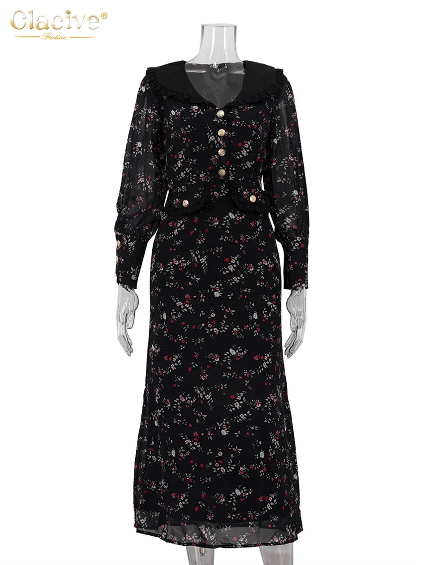 Clacive Fashion Slim Print Women's Dress 2025 Vintage Lapel Long Sleeve Ankle Length Dresses Elegant Classic Patchwork Female Dr
