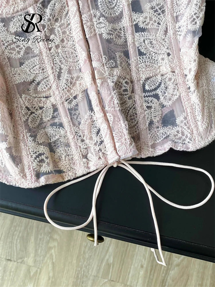 SINGREINY Floral Embroidery Sexy Club Top Female Strapless Slim Corset Backless Tank Top French Lace Up Basics Sheer Camisole