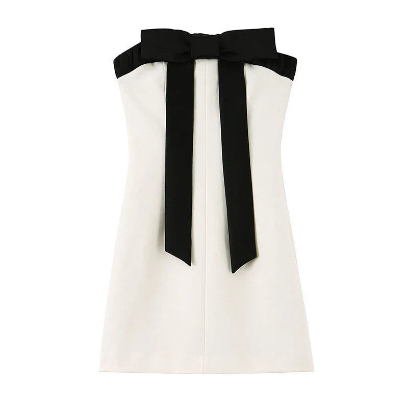 YENKYE Contrast Bow Strapless Dress For Women Sexy Party Mini Vestidos