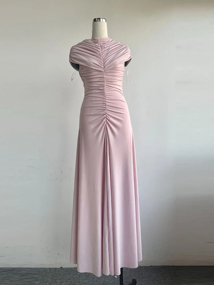 New Sexy O Neck Folds A-line Long Dress Women Short Sleeves Ruched Draped Dresses Elegant Evening Party Gowns
