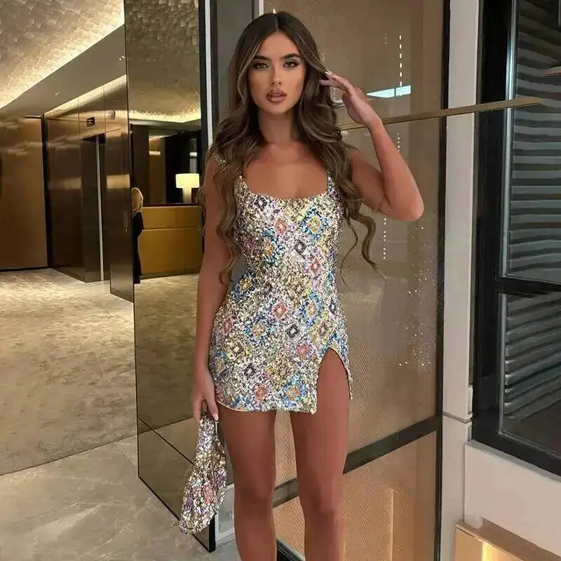 Avrilyaan Colorful Diamond Pattern Sequin Slit Sexy Dress Women 2025 Elegant Party Dress Backless Mini Summer Dress Vestidos