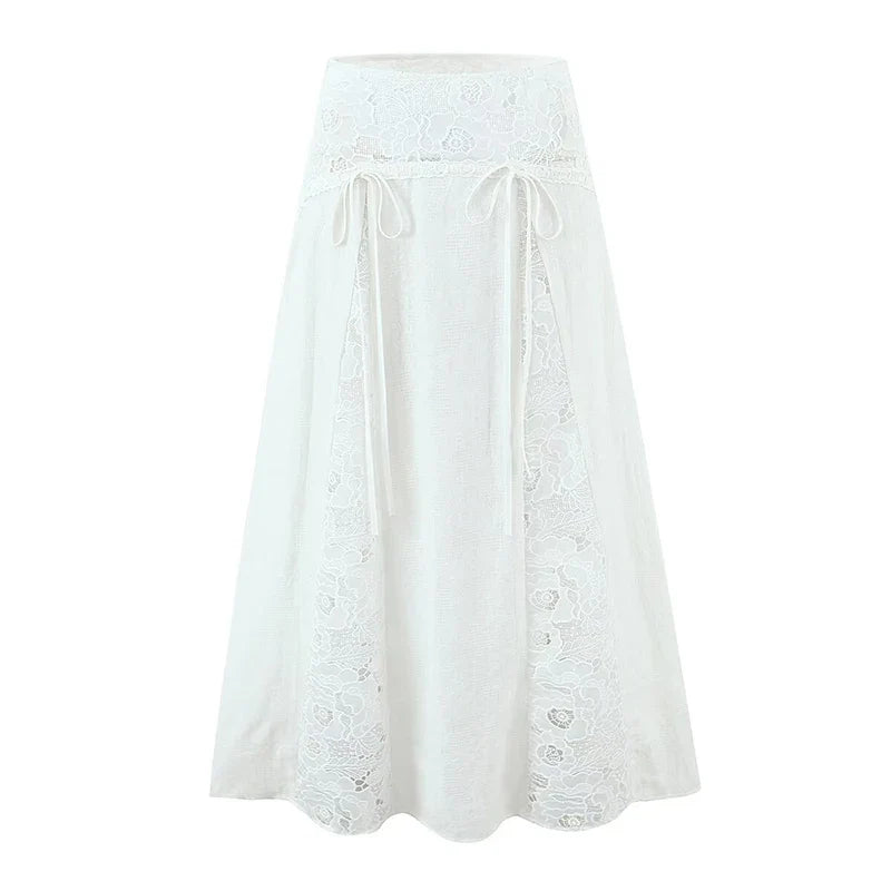YENKYE New 2026 Lace Patchwork White Long Skirt Women High Waist A-line Holiday Summer Skirts