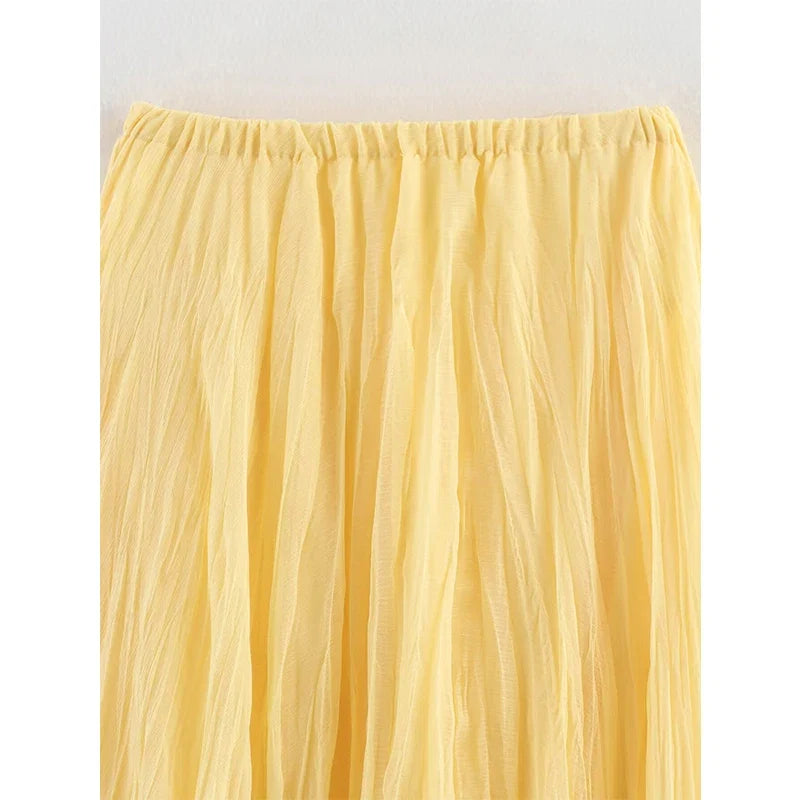 YENKYE Women Crinkle A-line Midi Butter Yellow Skirt Elastic Waist Spring Summer Holiday Elegant Skirts New 2025 faldas mujer
