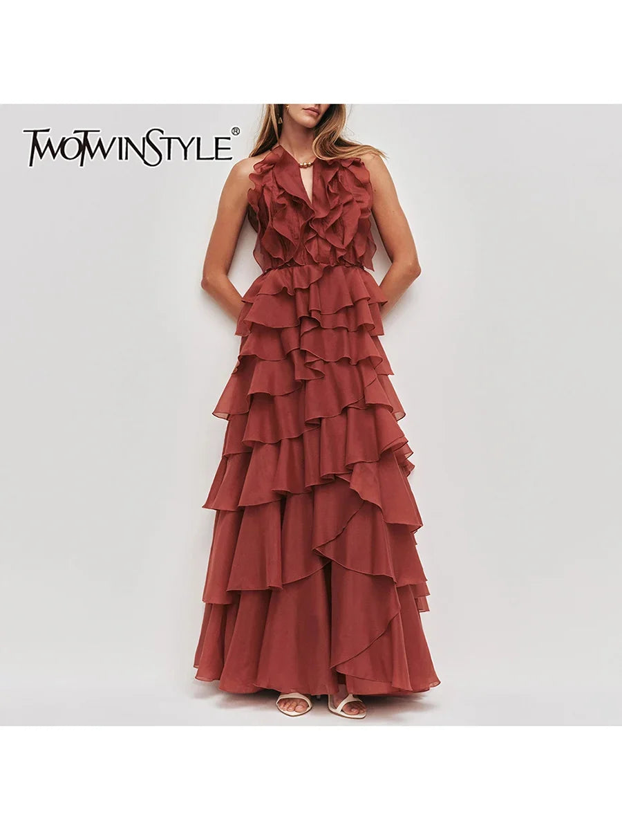 TWOTWINSTYLE Fashion Spliced Ruffles Elegant Long Dresses for Women O Neck Sleeveless High Waist Patchwork Fungus Dress Female