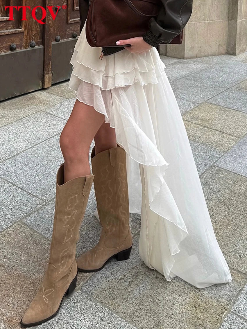 TTQV Casual Apricot Loose Skirts For Women Fashion High Waisted Pleated Skirts Elegant Thin Floor-Length Skirt Female Clothing