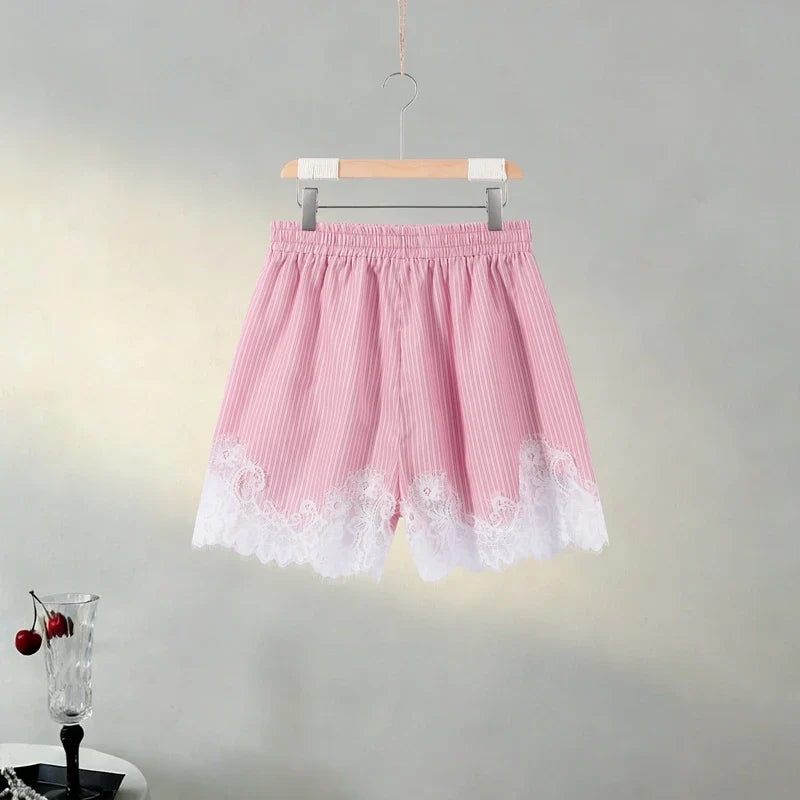 Beach Shirts Shorts Outfits Women Lapel Single Breasted Long Sleeves Lace Patchwork Sets Female 2026 Spring Summer Holiday Sets