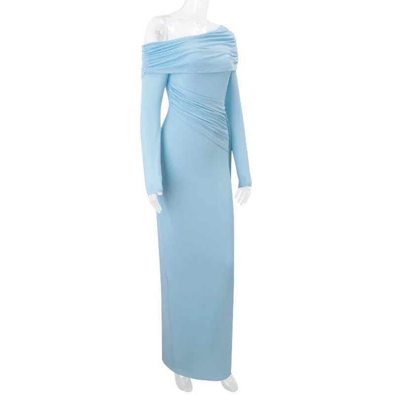 Cryptographic Elegant Asymmetrical Ruched Maxi Dress Party Club Outfits for Women Long Sleeve Sexy Bodycon Maxi Dresses Gown