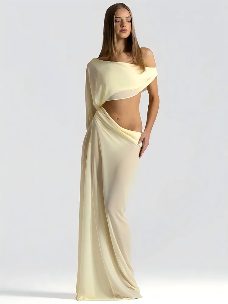 Mozision Off Shoulder Cutout Sexy Maxi Dress Women Elegant Draped Slinky Ruched Bodycon Cocktail Evening Party Dresses Gown