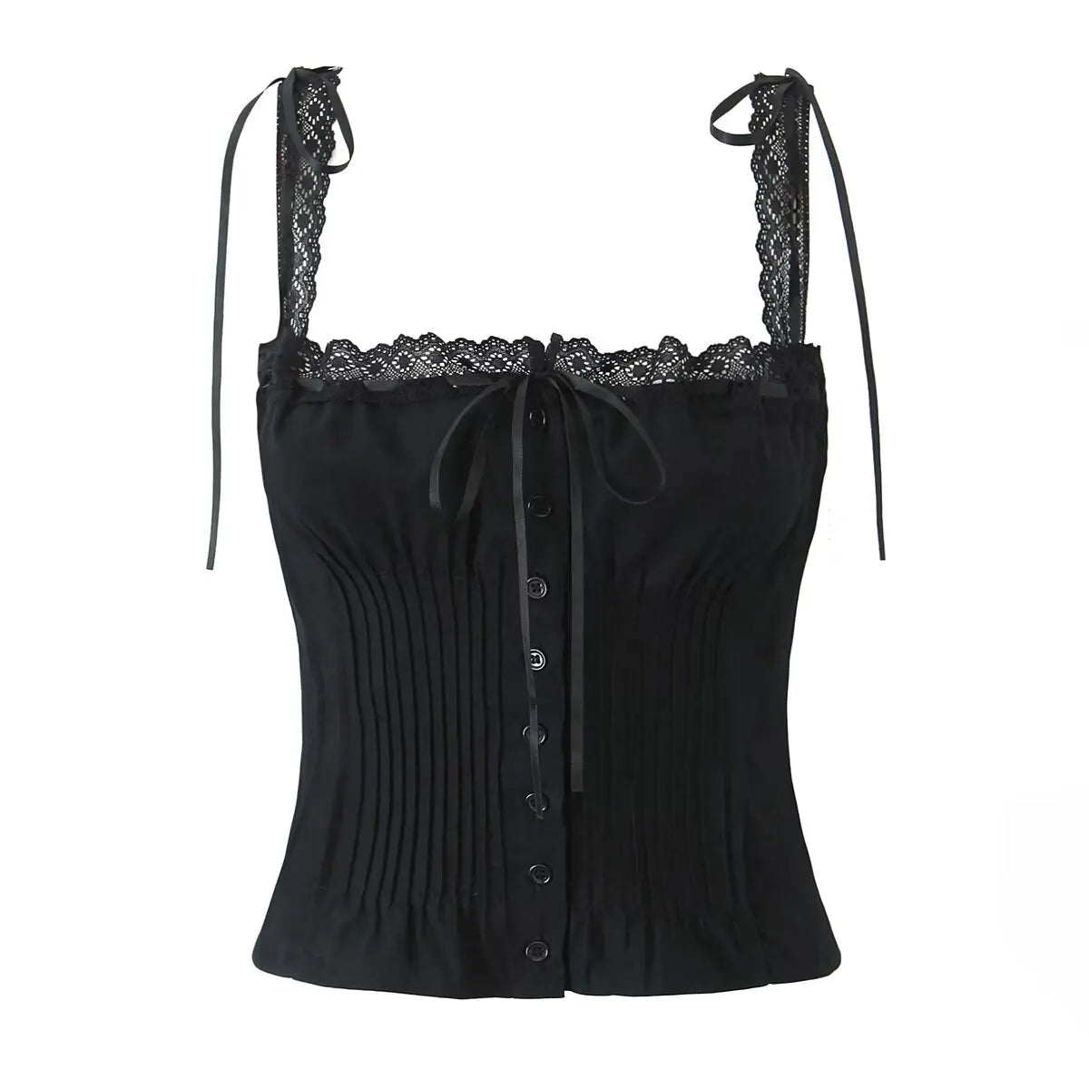 YENKYE New 2025 Women Front Button Lace Spliced Summer Tank Top Sexy Slim Fit Cotton Holiday Crop Top Chic Party Streetwear