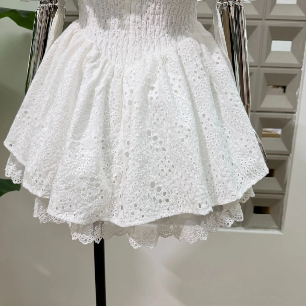 New Dresses For Women Eyelet Embroidery Corset Dress Ruffle Off Shoulder Tie Waist Summer Party Gowns Outfit With Shorts Vestido