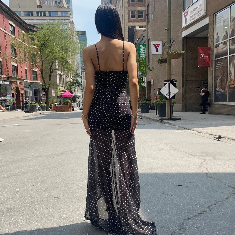 Cryptographic Summer Boho Polka Dot Split Ruched Dress Holiday Outfits for Women Sexy V Neck Backless Slip Mesh Dresses Clothes