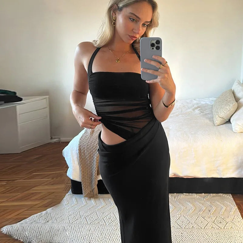 Cryptographic Elegant Halter Sexy Mesh Sheer Cut Out Maxi Dress Club Party Long Dresses Outfits Asymmetrical Ruched Gown Summer