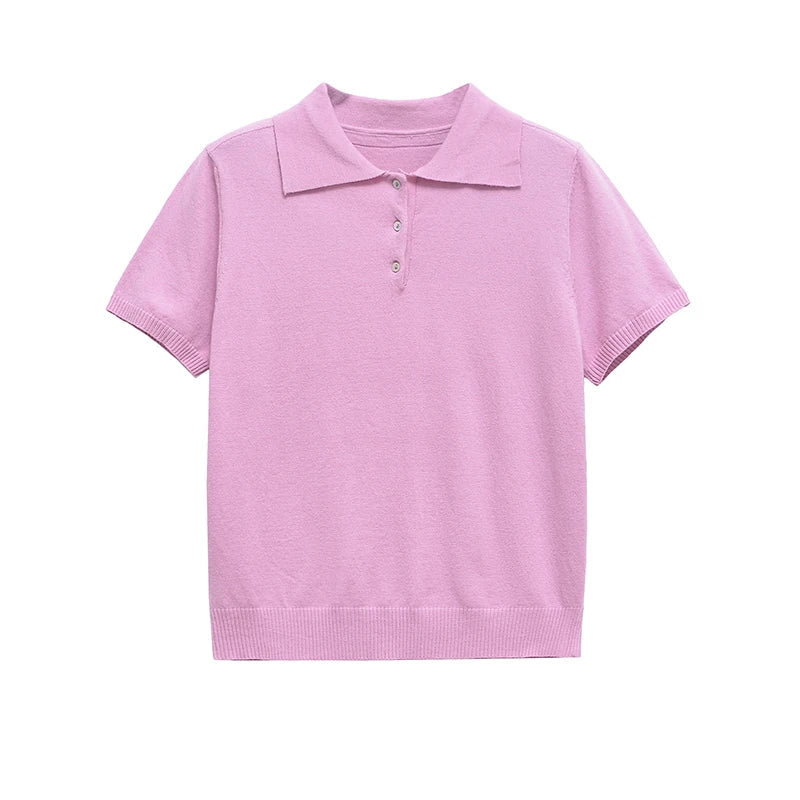 YENKYE New 2025 Women Basic Jersey Polo Collar T Shirt Short Sleeve Front Button Rib Trim Tees Spring Summer Crop Top
