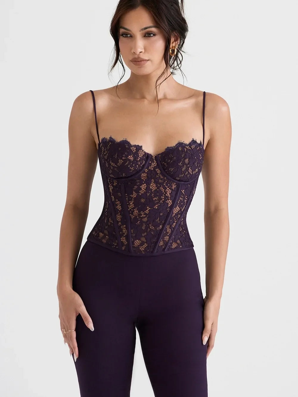 Suninheart Summer Purple Lace Corset Top Short Strappy Bustier Top Bodycon Cropped Top Club Party Clubwear Women