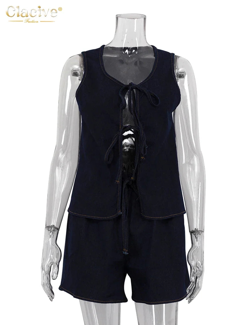 Clacive Summer Loose Blue Denim 2 Piece Sets Women Outfit 2025 Fashion Sleeveless Tank Top With High Waist Shorts Set Streetwear