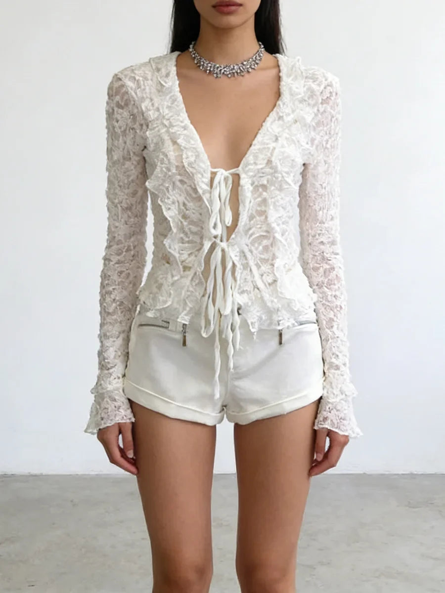 TWOTWINSTYLE Patchwork Lace Jumpsuits for Women V Neck Long Sleeve High Waist Spliced Zipper Shorts Sexy Jumpsuit Female Fashion