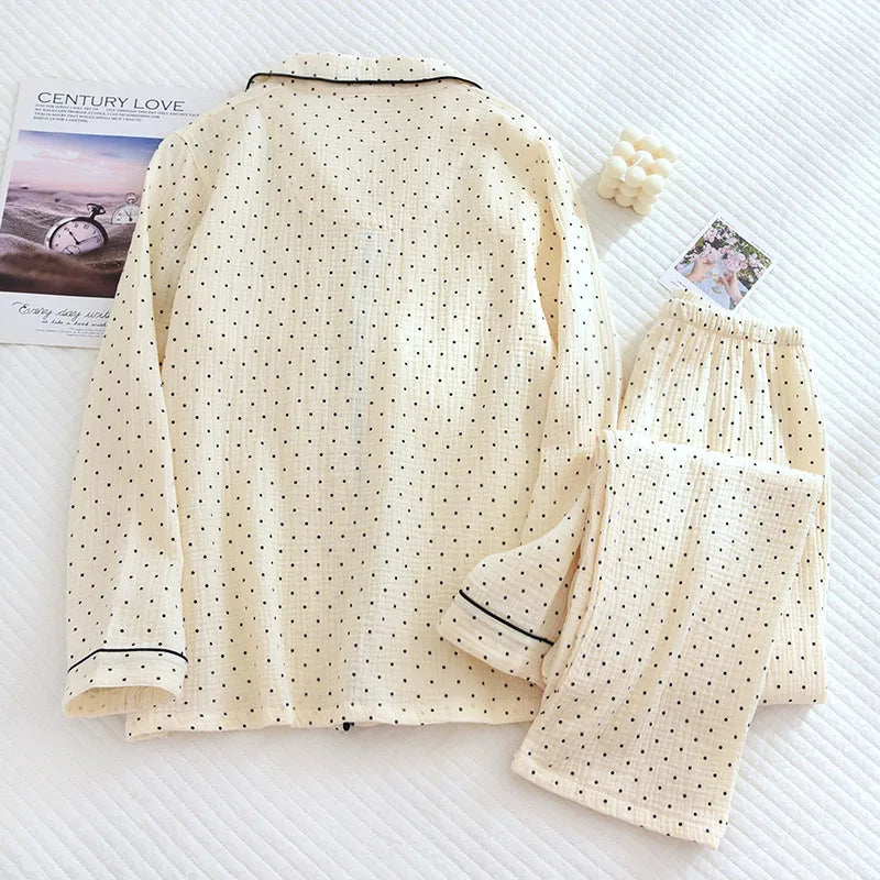 100% Cotton Gauze Women Pajamas Polka Dot Print Sleepwear 2025 Spring Female 2 Piece Set Nightwear Lady Pyjamas Loungewear