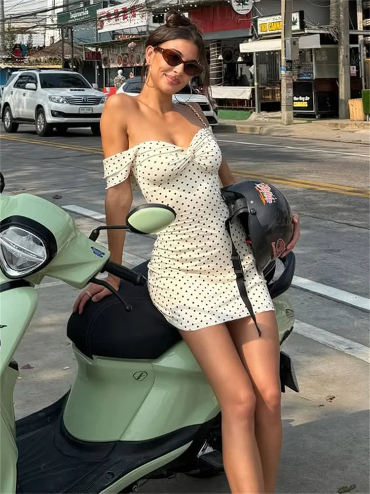Tossy Fashion Summer Bandeau Dress Women Backless Printed Slim Commute Elegant Twist Party Dress Female Off-Shoulder Mini Dress