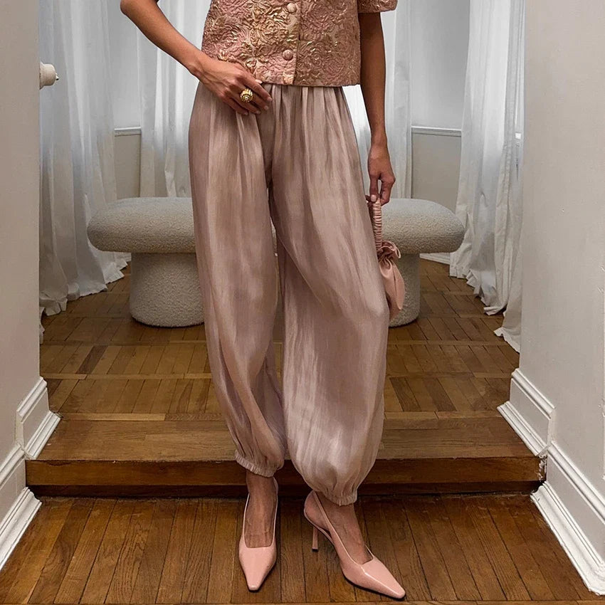 Linad Elegant Pink Crepe Loose Bloomers For Woman Street Chic Pleated Trousers Female Autumn Vintage High Waist Long Pants 2025