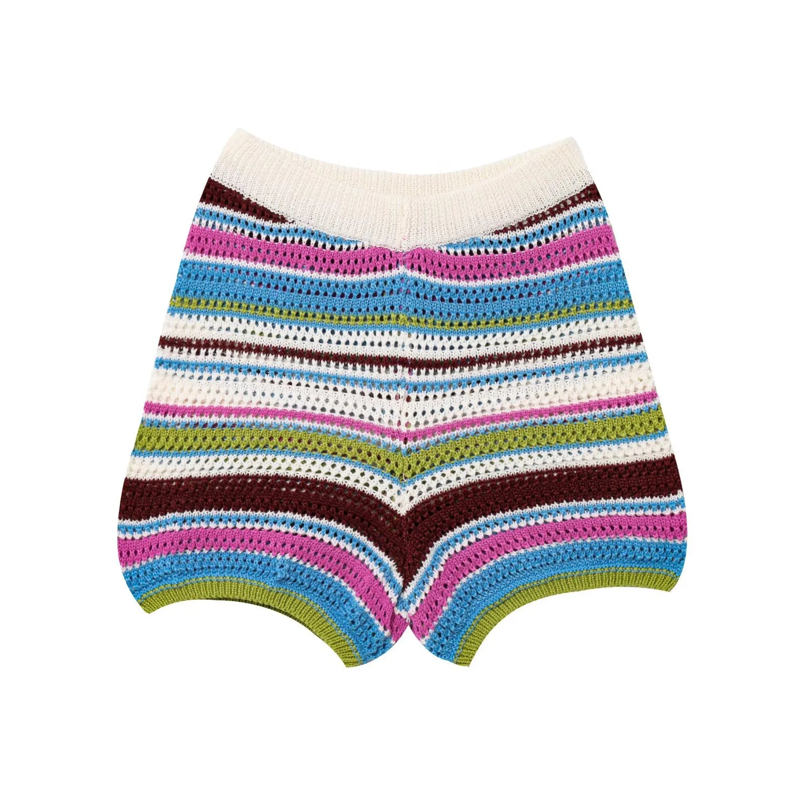 Women Patchwork Striped Hollow Out Crochet Knitted Crop Sweater Shorts Set Short Sleeve Polo Collar Sweater Knit Shorts Suit Y2K